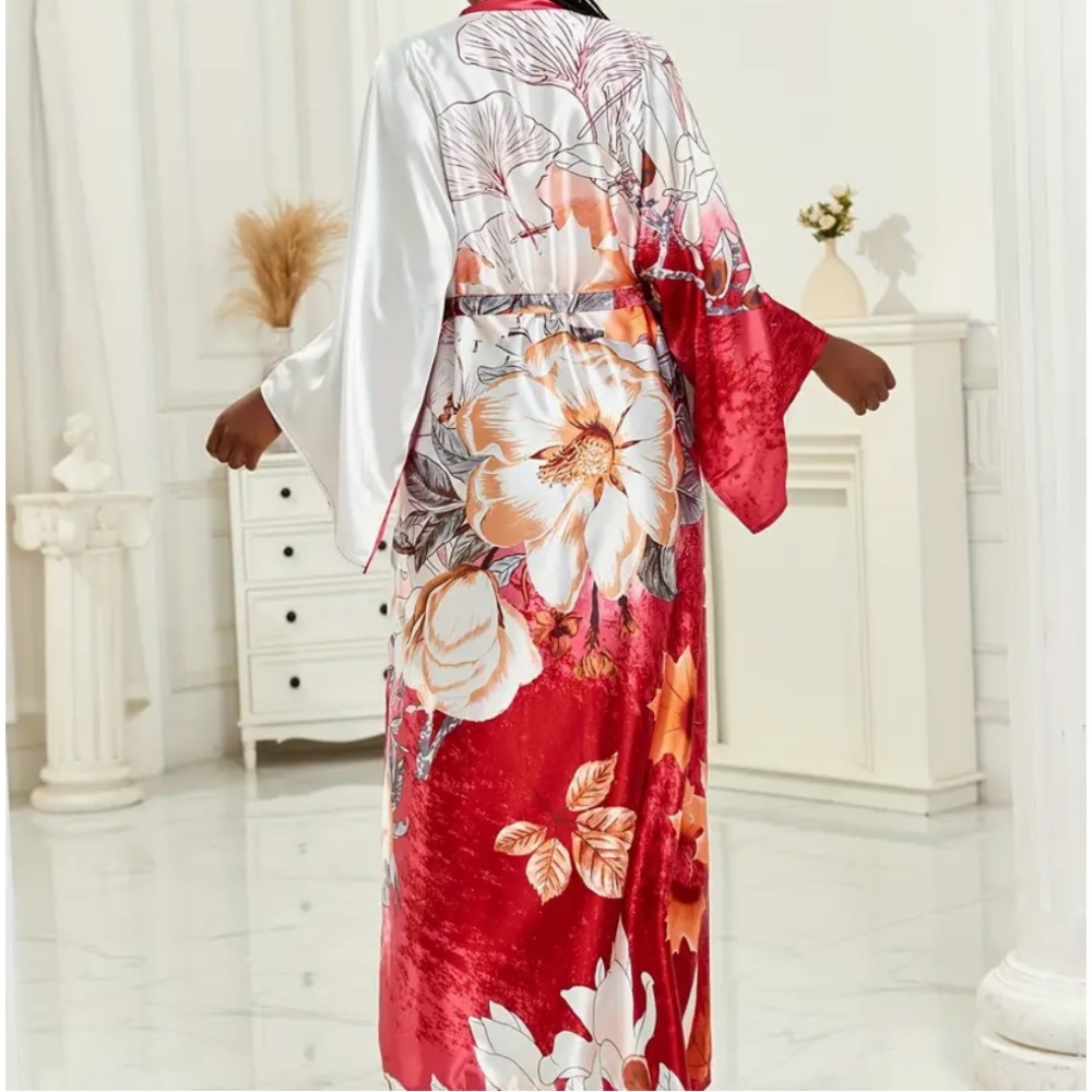 Red And White Floral Kimono Resort Vacation Wear Beach Cover Up Belted One Size - Picture 5 of 5
